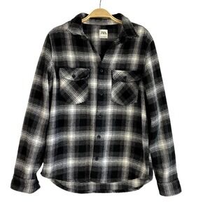 ZARA Thick Flannel Shacket Shirt Jacket Women M Black Plaid Clueless Cowgirl